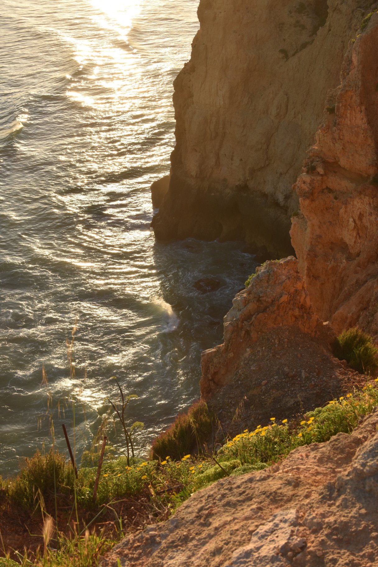 Pôr do sol dourado sobre as falésias do Algarve
