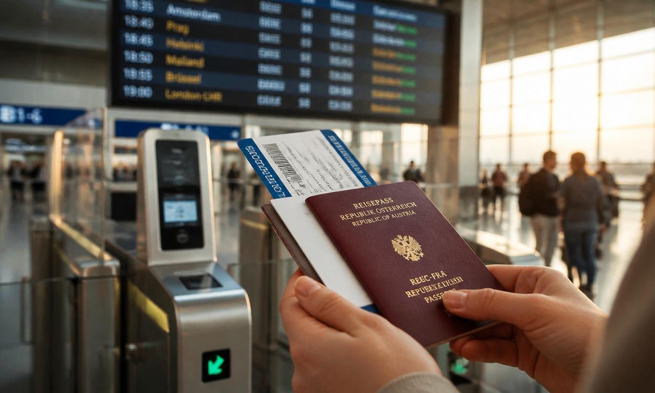 Viajante segurando passaporte e cartão de embarque em terminal de aeroporto europeu, com painel de voos ao fundo