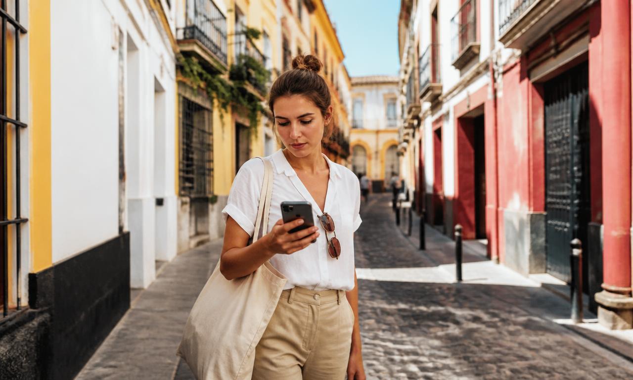 Mulher a viajar sozinha caminha por rua histórica ensolarada enquanto consulta o mapa no telemóvel