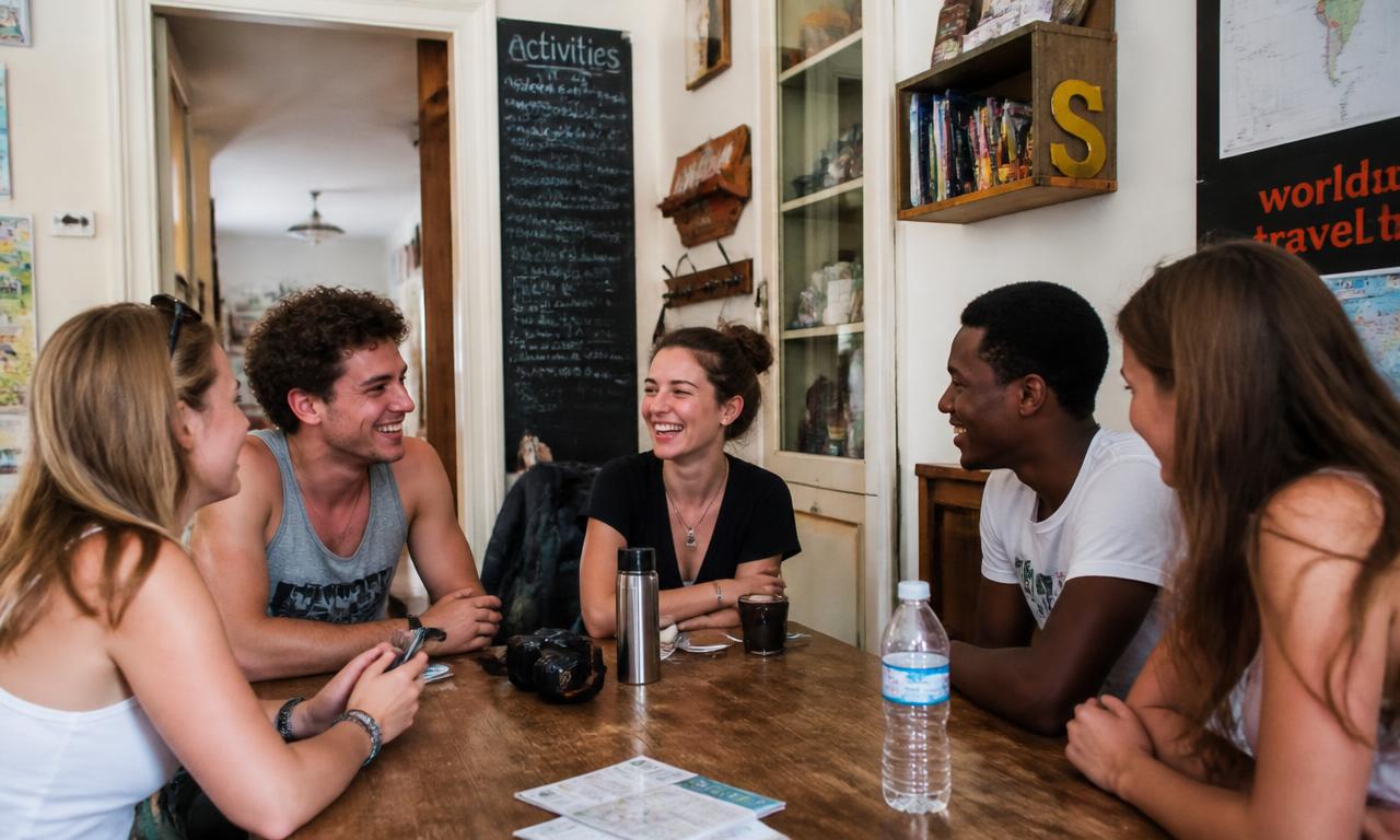 Grupo de viajantes a conversar à volta de uma mesa na sala comum de um hostel