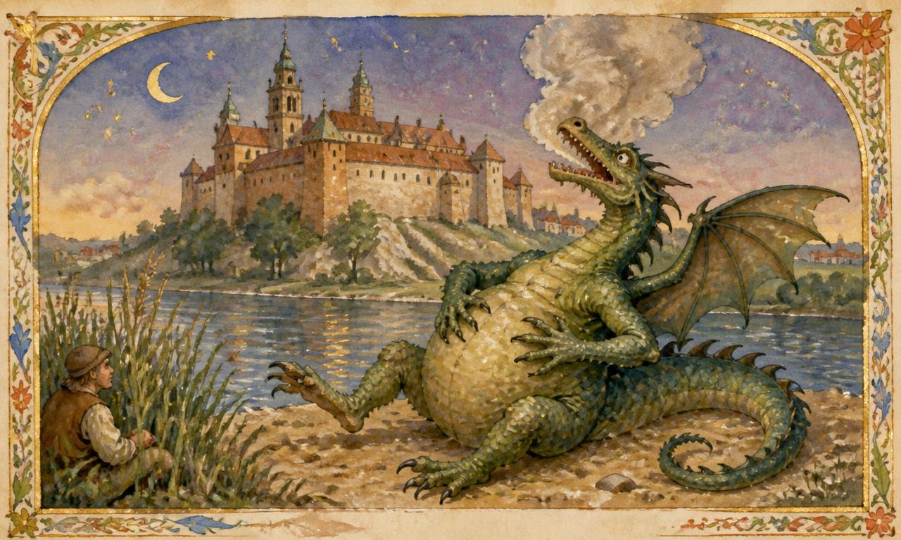 Ilustração em aquarela do dragão de Wawel com a barriga inchada e fumaça saindo da boca, à beira do rio Vístula, após comer a ovelha recheada de enxofre