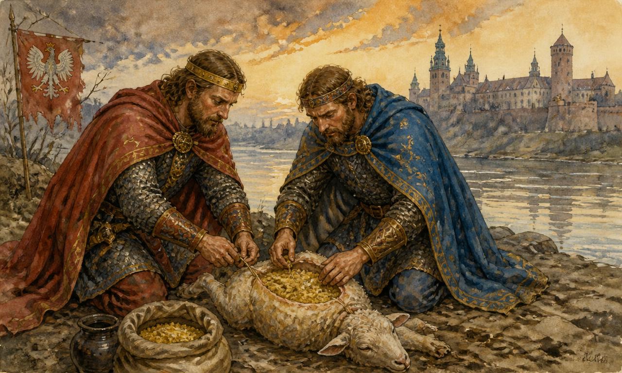 Ilustração em aquarela dos príncipes filhos do rei Krak preparando a armadilha com enxofre, em traços medievais