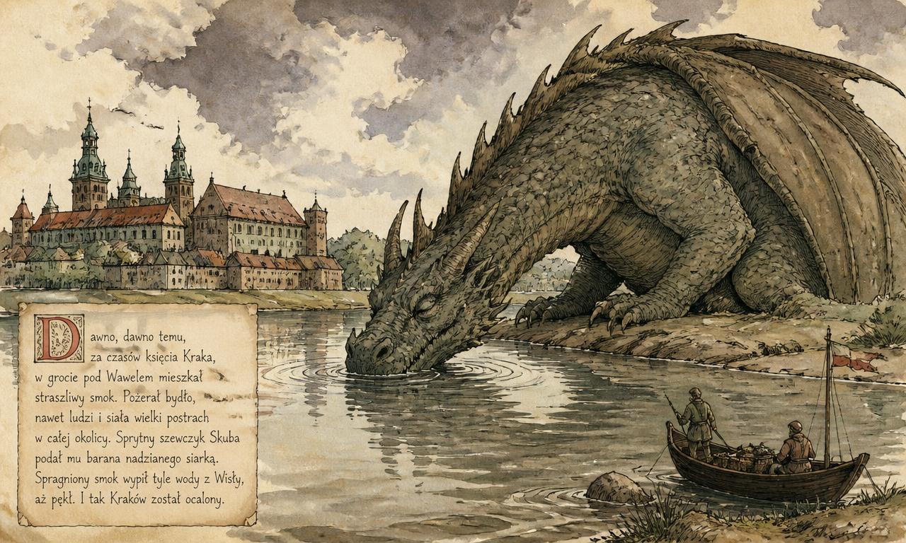 Ilustração em aquarela do dragão de Wawel bebendo água do rio Vístula ao lado da cidade medieval
