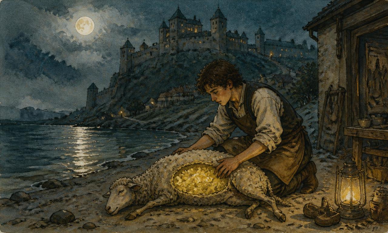 Ilustração em aquarela do sapateiro Skuba preparando a ovelha recheada de enxofre à beira do rio