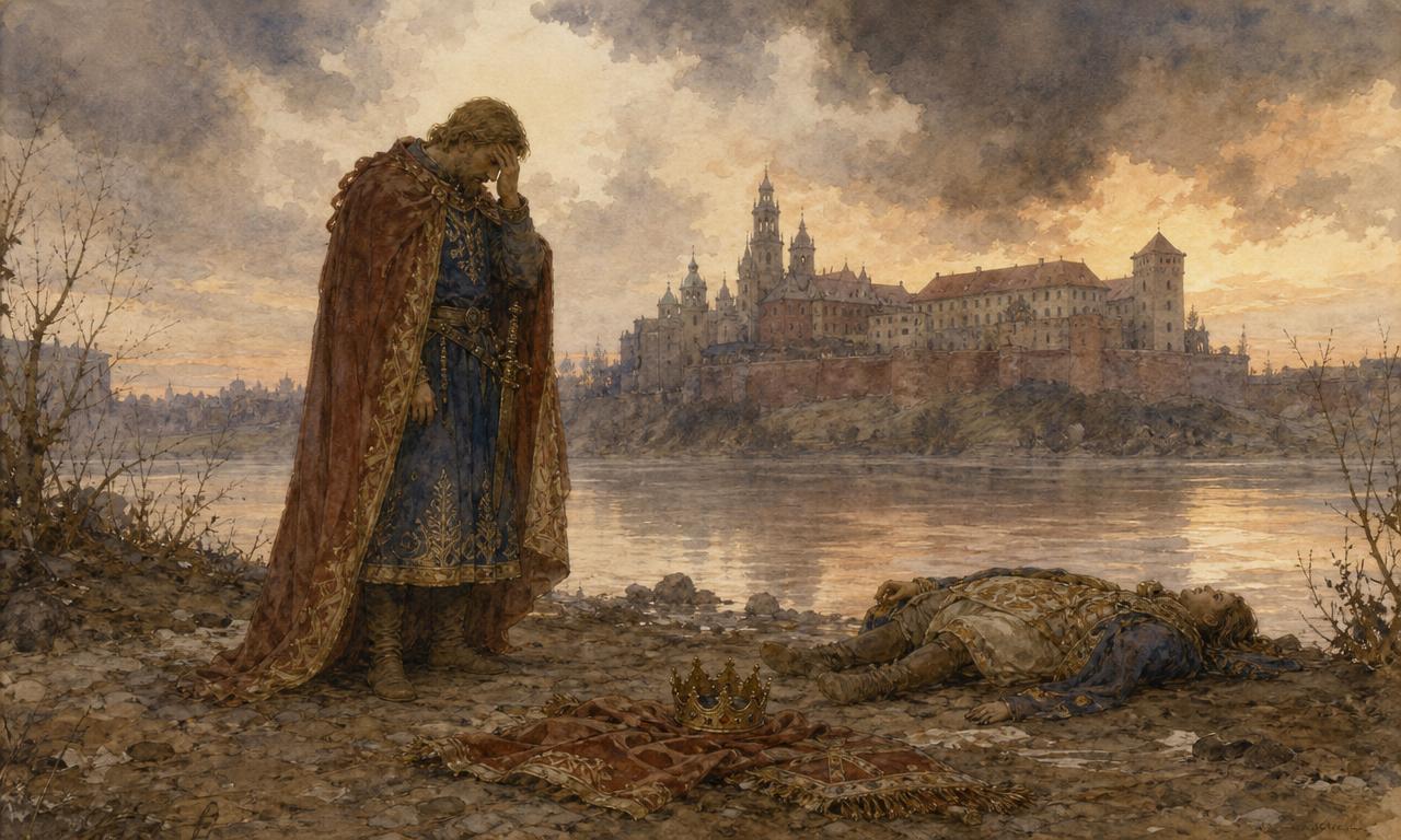 Ilustração em aquarela medieval da tragédia fratricida entre os príncipes de Cracóvia: um irmão de pé em luto, outro caído, coroa derrubada junto ao Vístula, com o Wawel ao fundo
