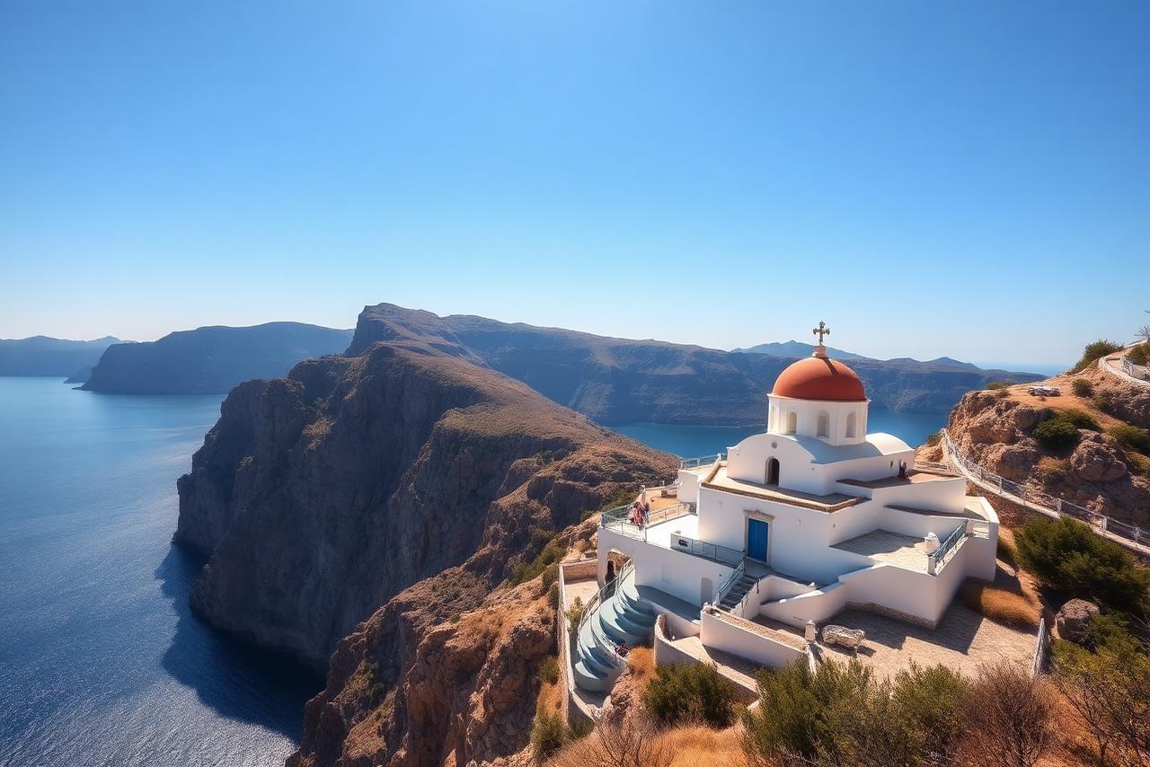 Mosteiro branco de Hozoviotissa encravado numa falésia sobre o mar em Amorgos