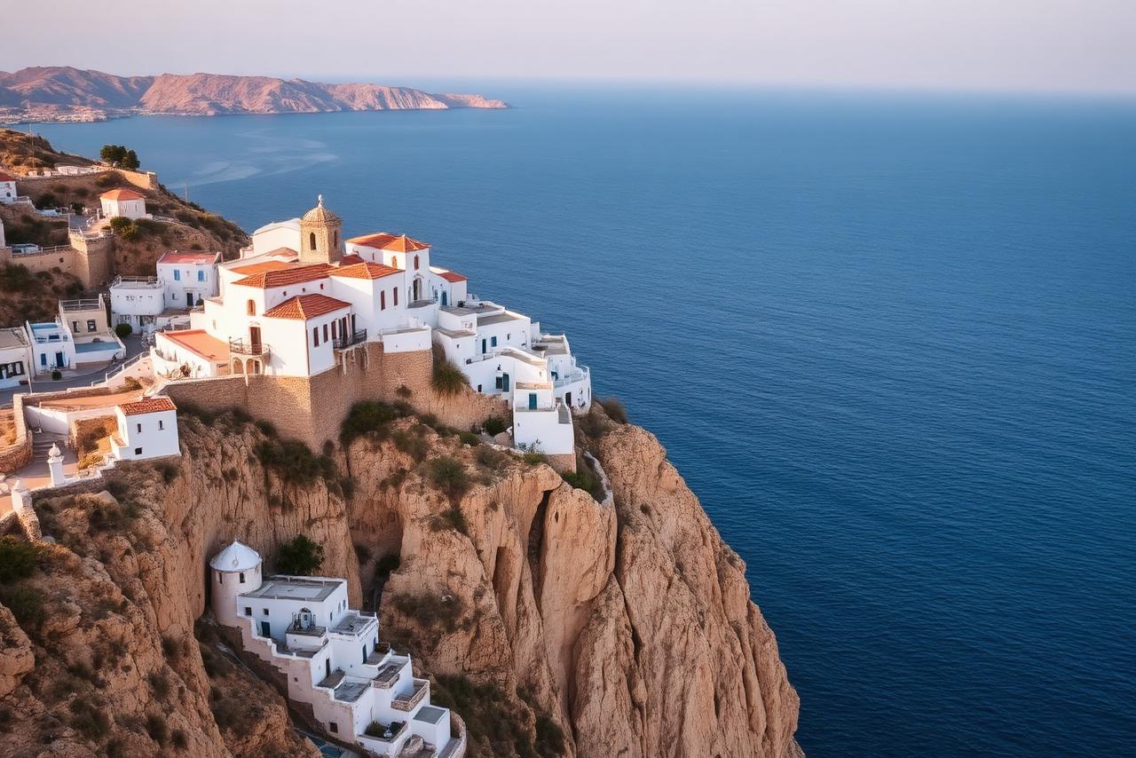 Vila branca de Folegandros no topo de uma falésia sobre o mar Egeu azul-escuro