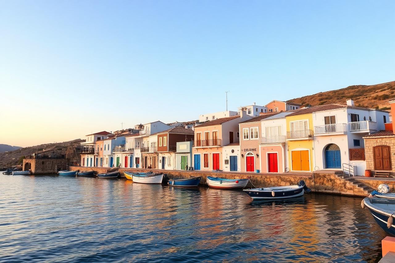 Casas de pescadores coloridas de Klima, em Milos, à beira da água ao pôr do sol