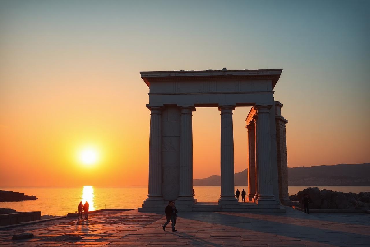 Portara, o portal de mármore do templo de Apolo em Naxos, ao pôr do sol