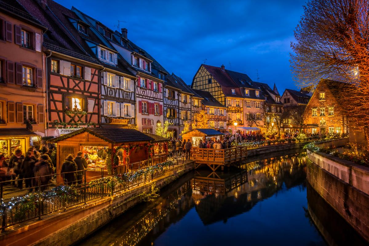 Mercado de Natal de Colmar junto ao canal da Petite Venise, com casas de enxaimel coloridas iluminadas