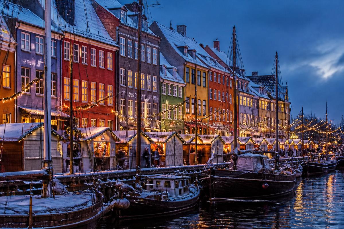 Mercado de Natal em Nyhavn, Copenhague, com casas coloridas e barcos no canal