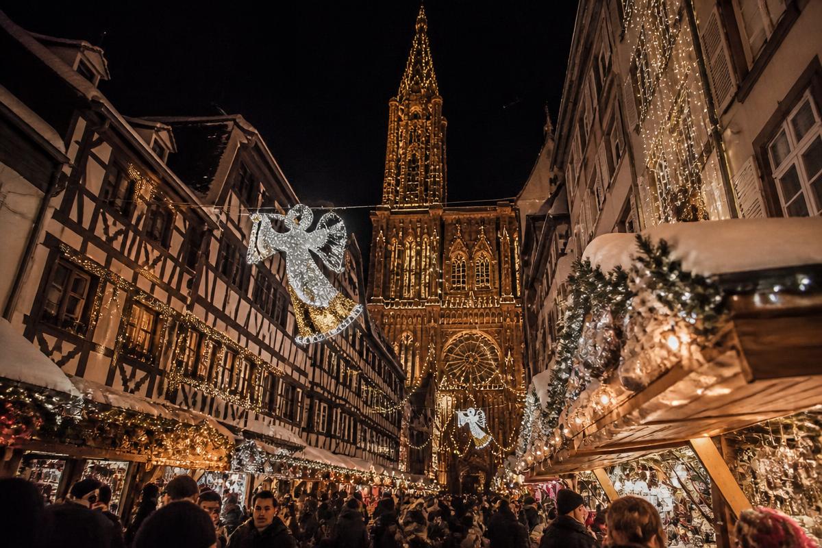 Mercado de Natal de Estrasburgo com casas alsacianas de enxaimel decoradas e a catedral gótica ao fundo