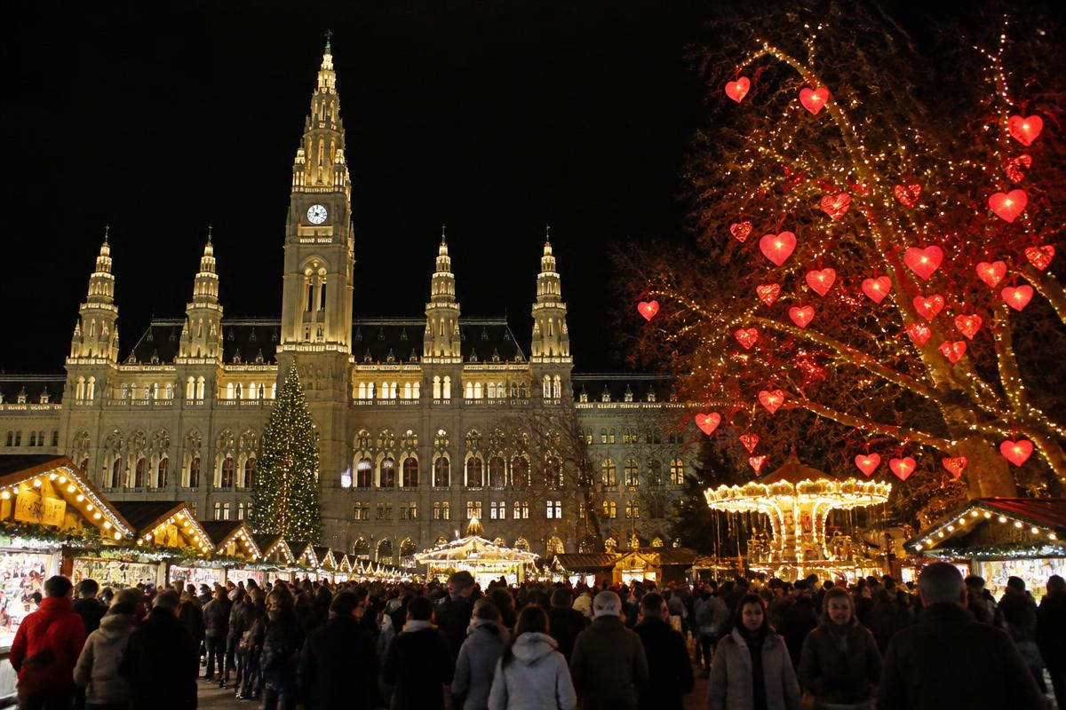 Mercado de Natal em frente à Câmara Municipal de Viena, com a fachada neogótica iluminada e corações de luz nas árvores