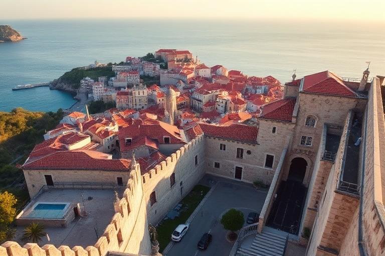 Muralhas e telhados vermelhos da Cidade Velha de Dubrovnik com o Adriático ao fundo