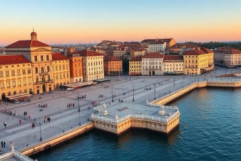 Praça à beira-mar de Trieste ao pôr do sol